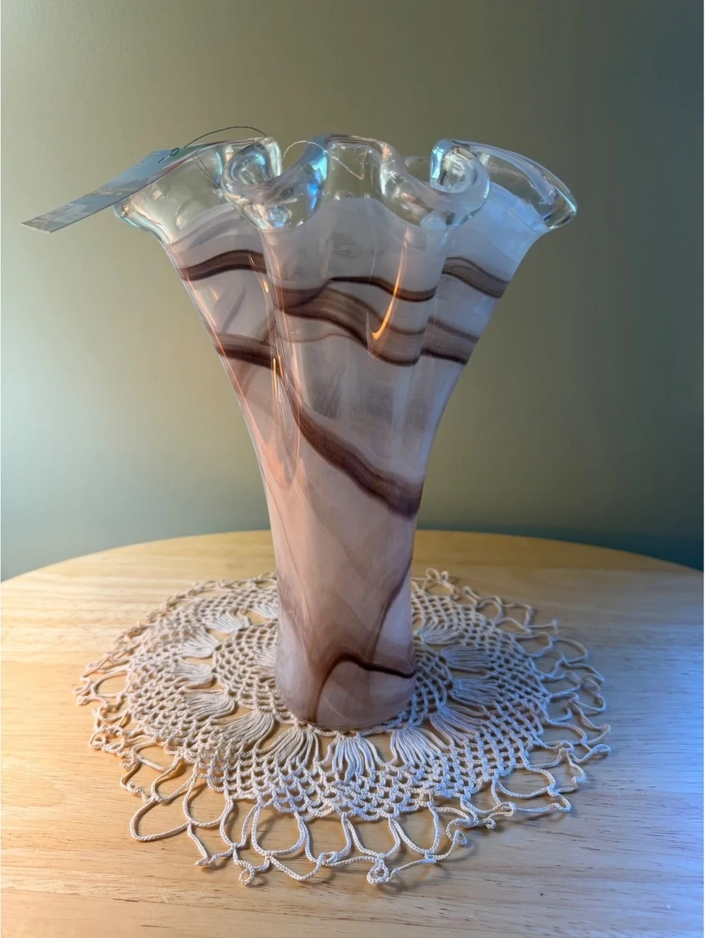 Tammaro Home Italian Art Glass Vase with Ruffled Edge and Brown Swirl Design